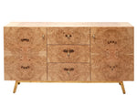 The Made Goods Xander Buffet is a wooden sideboard with a burled wood finish, eye-catching grain patterns, two doors on each side, three central drawers, and gold-colored handles and metal legs.