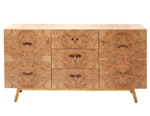 The Made Goods Xander Buffet is a wooden sideboard with a burled wood finish, eye-catching grain patterns, two doors on each side, three central drawers, and gold-colored handles and metal legs.