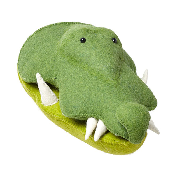 Fiona Walker handmade green stuffed crocodile, perfect for wall decor. This unique piece features sharp teeth and is a wonderful alternative to traditional felt animal heads.