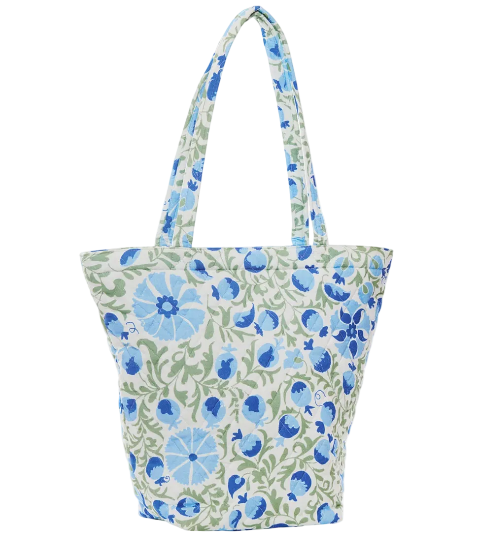 John Robshaw Aadav Quilted Bag, a quilted tote with a blue and green floral pattern and a zip laptop compartment.