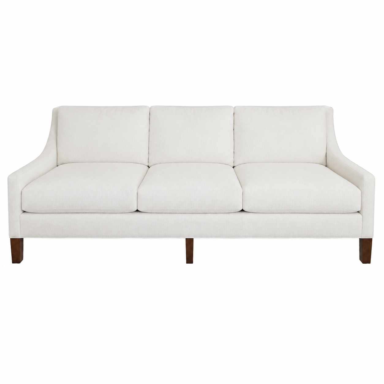 A white, three-cushion Chatham Sofa by Hickory Chair with wooden legs, viewed from the front against a plain white background, evokes timeless elegance—bringing a touch of West Palm Beach sophistication to any space.
