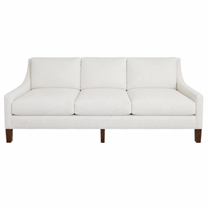 A white, three-cushion Chatham Sofa by Hickory Chair with wooden legs, viewed from the front against a plain white background, evokes timeless elegance—bringing a touch of West Palm Beach sophistication to any space.