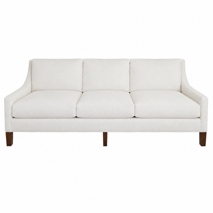 A white, three-cushion Chatham Sofa by Hickory Chair with wooden legs, viewed from the front against a plain white background, evokes timeless elegance—bringing a touch of West Palm Beach sophistication to any space.