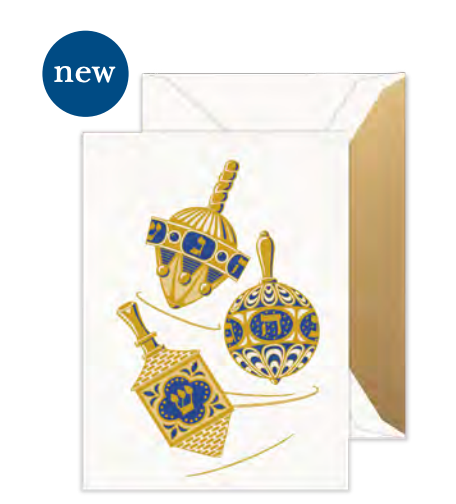 Crane's Engraved Spinning Dreidels Box Set features three blue and gold dreidel designs on pearl white cardstock with a matching gold-lined envelope—ideal for boxed Hanukkah card collections.