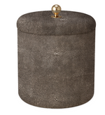 The Aerin Shagreen Ice Bucket in Chocolate features a textured, dark spotted surface, a matching lid, and a gold knob—an elegant cylindrical container inspired by classic design for your barware collection.