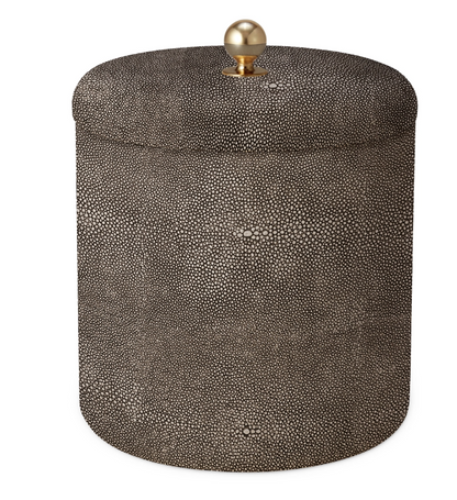 The Aerin Shagreen Ice Bucket in Chocolate features a textured, dark spotted surface, a matching lid, and a gold knob—an elegant cylindrical container inspired by classic design for your barware collection.
