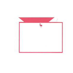 The Crane Flamingo Flat Card Set features all-cotton cards with a pink border and playful flamingo design, paired with white envelopes lined in pink.