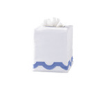 The MAT Mirasol Tissue Box Cover Azure by Matouk is a white tissue box cover featuring blue scalloped trim near the bottom, shown against a plain, light background.
