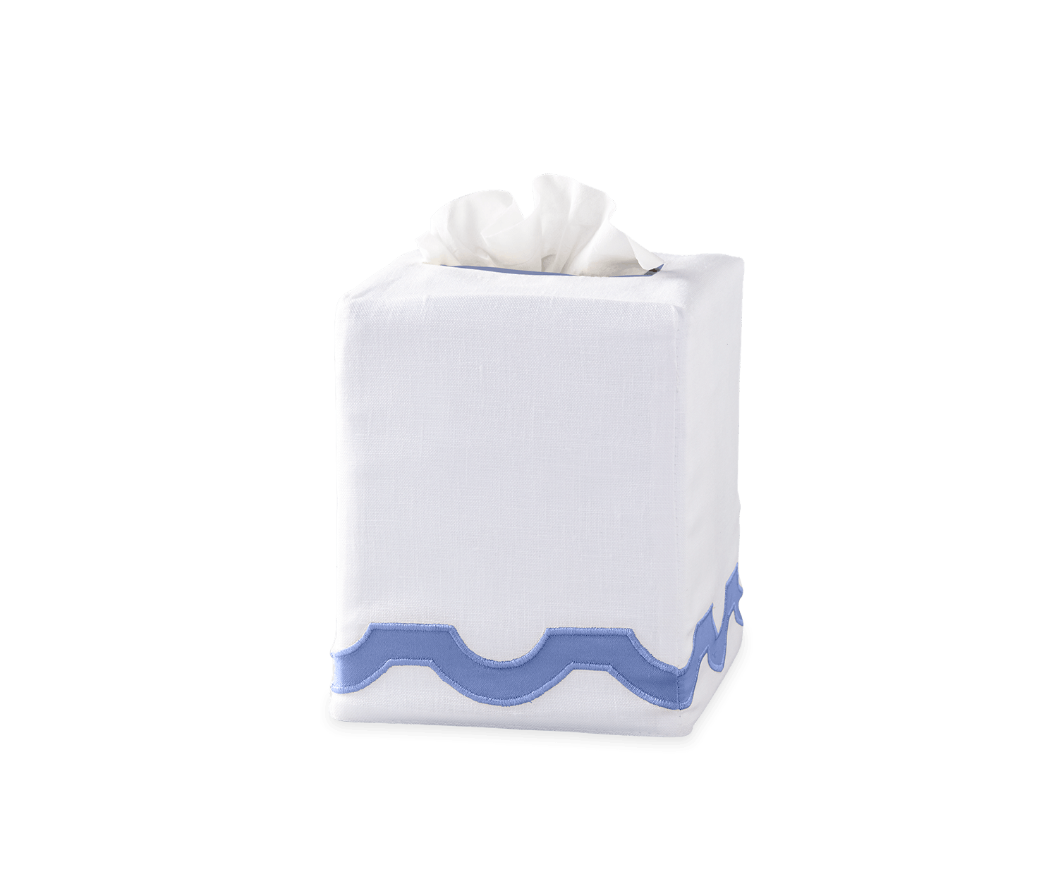 The MAT Mirasol Tissue Box Cover Azure by Matouk is a white tissue box cover featuring blue scalloped trim near the bottom, shown against a plain, light background.
