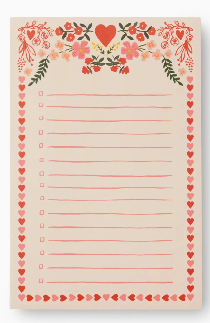 The Juliet Checklist Notepad by Rifle Paper Co. features floral and heart designs, ten to-do list lines with checkboxes, and a tear-off style—making it perfect for organizing daily tasks in style.