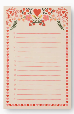 The Juliet Checklist Notepad by Rifle Paper Co. features floral and heart designs, ten to-do list lines with checkboxes, and a tear-off style—making it perfect for organizing daily tasks in style.