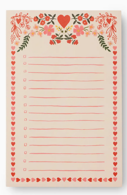 The Juliet Checklist Notepad by Rifle Paper Co. features floral and heart designs, ten to-do list lines with checkboxes, and a tear-off style—making it perfect for organizing daily tasks in style.