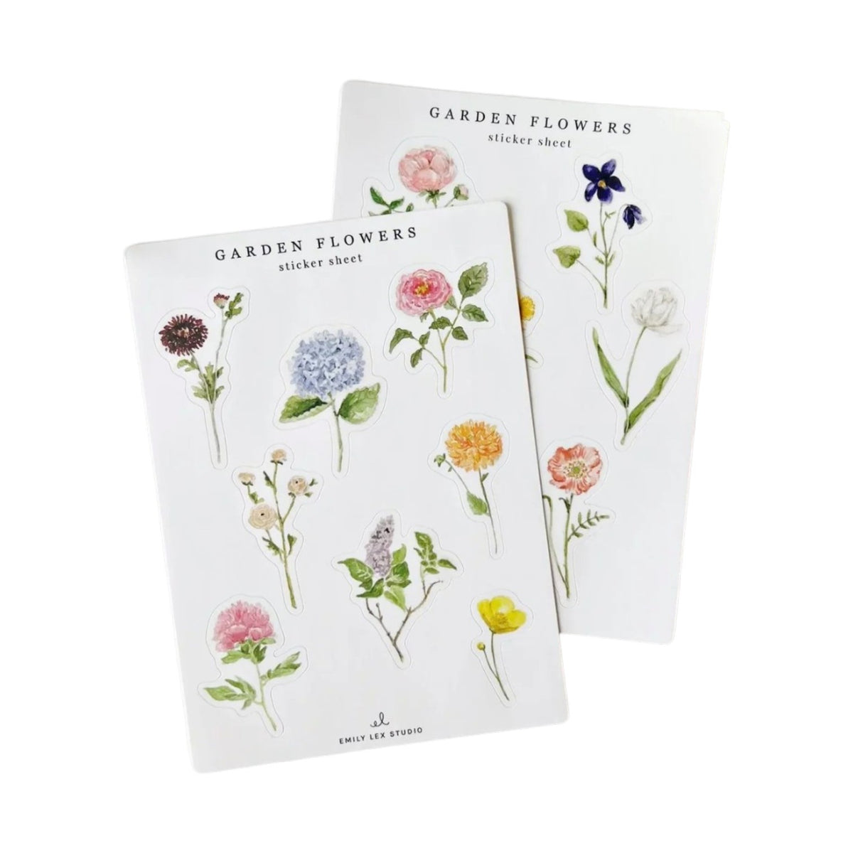 Two white vinyl Sticker Sheet Sets by Emily Lex Studio labeled “Garden Flowers,” each featuring illustrated flowers in a variety of colors and styles—perfect for use as watercolor stickers or planner stickers.