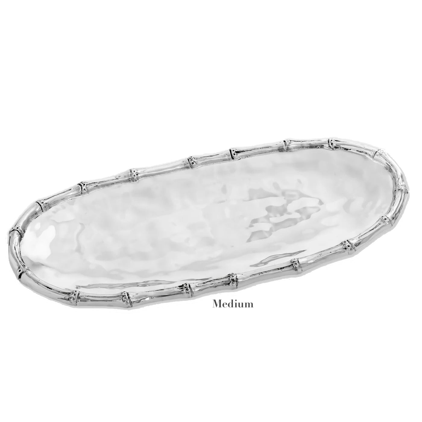 Introducing the Beatriz Ball Garden Bamboo Oval Tray from Beatriz Ball, crafted in aluminum alloy, featuring a bamboo-patterned rim. This "Medium" silver serving dish adds sophistication to any table setting.