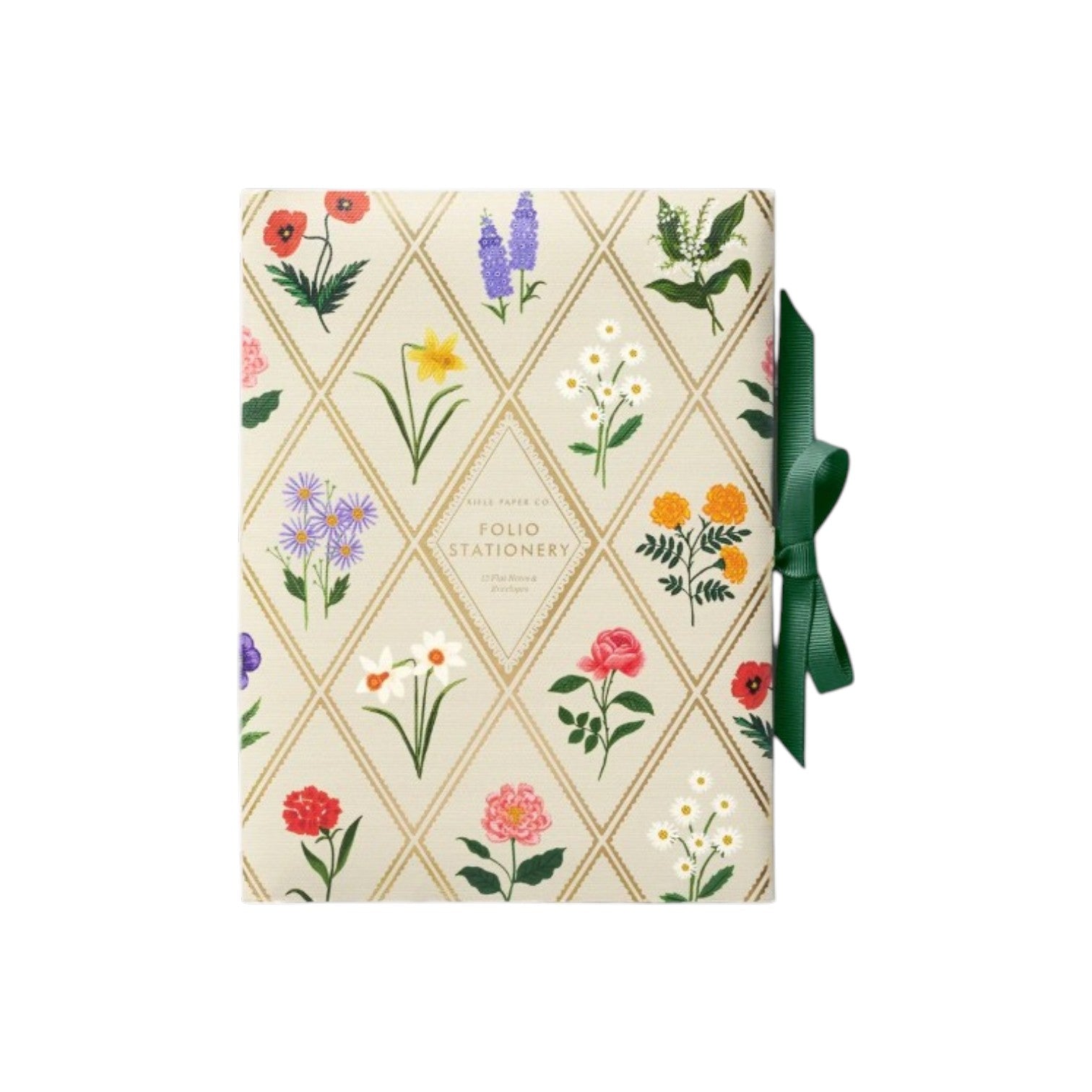 The Rifle Paper Co. Garden Study Collection folder features a floral diamond pattern and a green ribbon tie—a charming addition to your colorful desk accessories or Garden Study notepads.