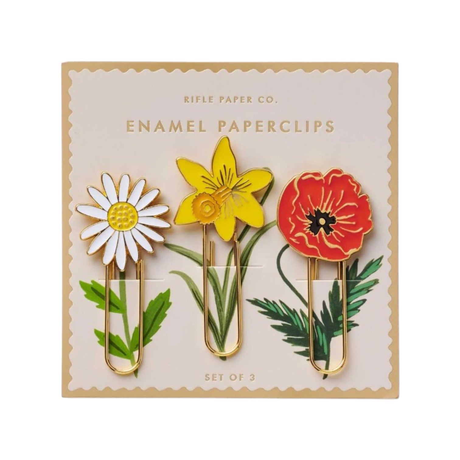 The Rifle Paper Co. Garden Study Collection features three flower-shaped enamel paperclips—daisy, daffodil, and poppy—on a decorative card, perfect for pairing with floral notepads or brightening your desk accessories.