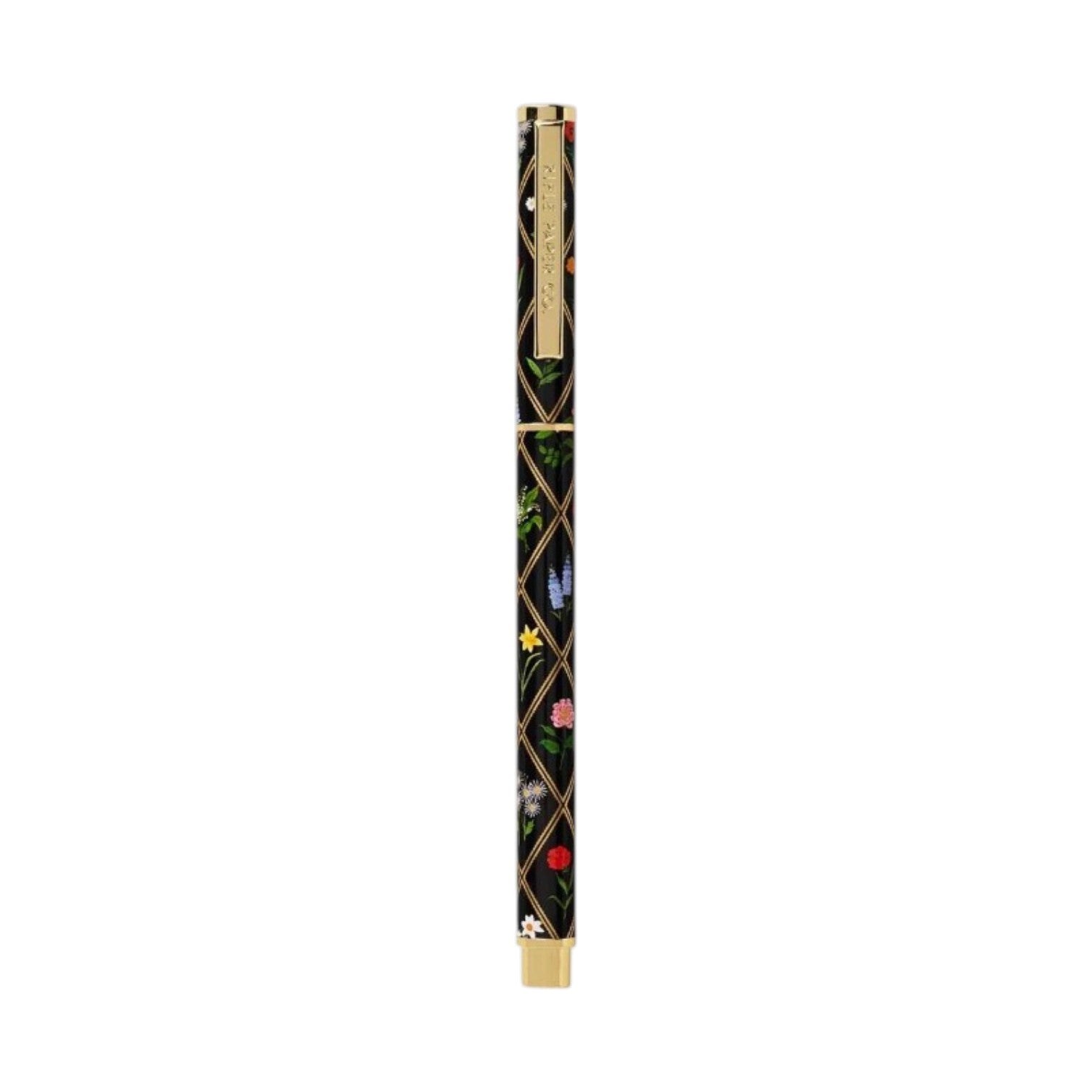 The Garden Study Collection pen by Rifle Paper Co. features a black body with gold accents and a floral pattern—an ideal colorful desk accessory or companion to floral notepads.
