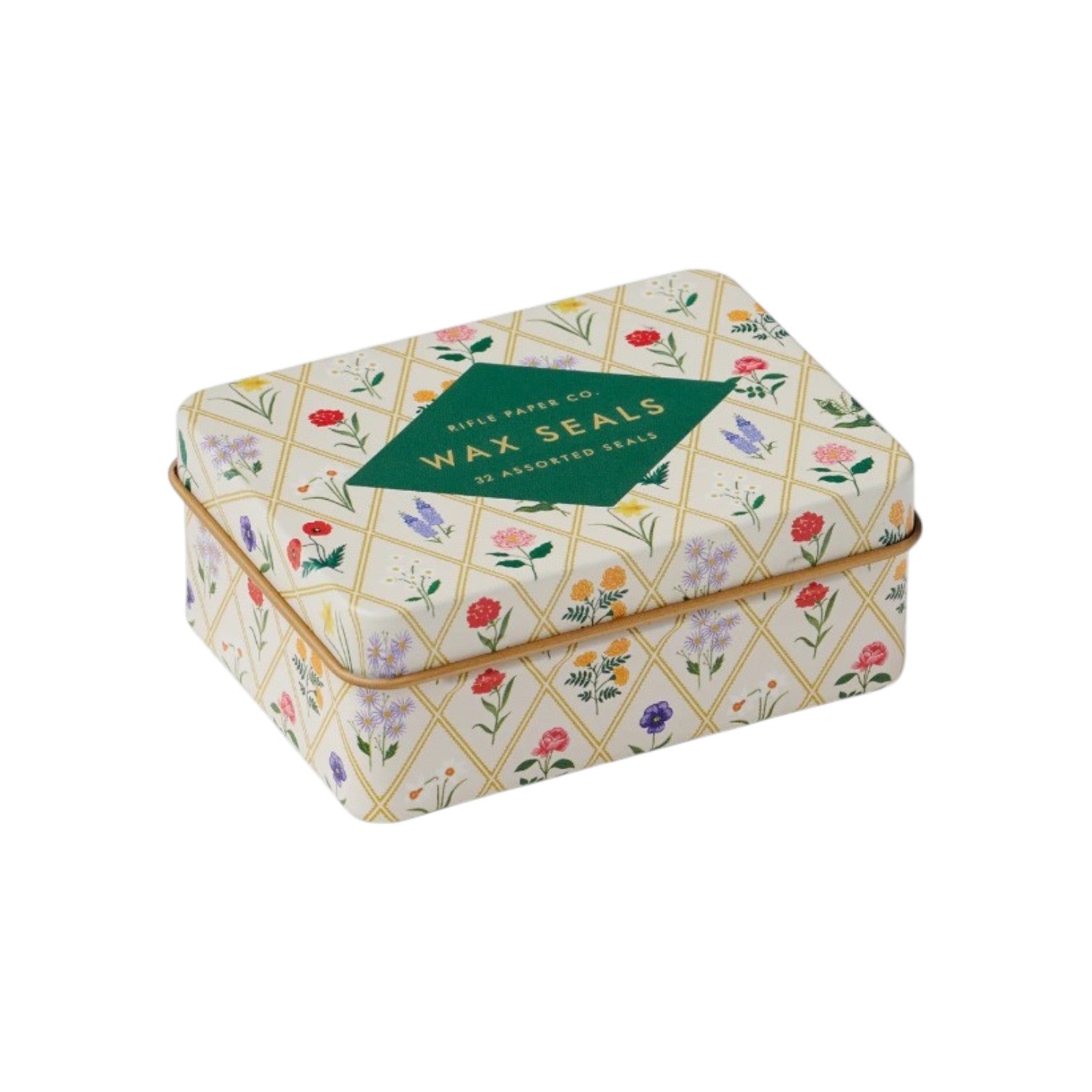 A rectangular tin box from Rifle Paper Co.'s Garden Study Collection, featuring a floral design and green diamond logo—ideal for pairing with the brand's notepads or colorful desk accessories.