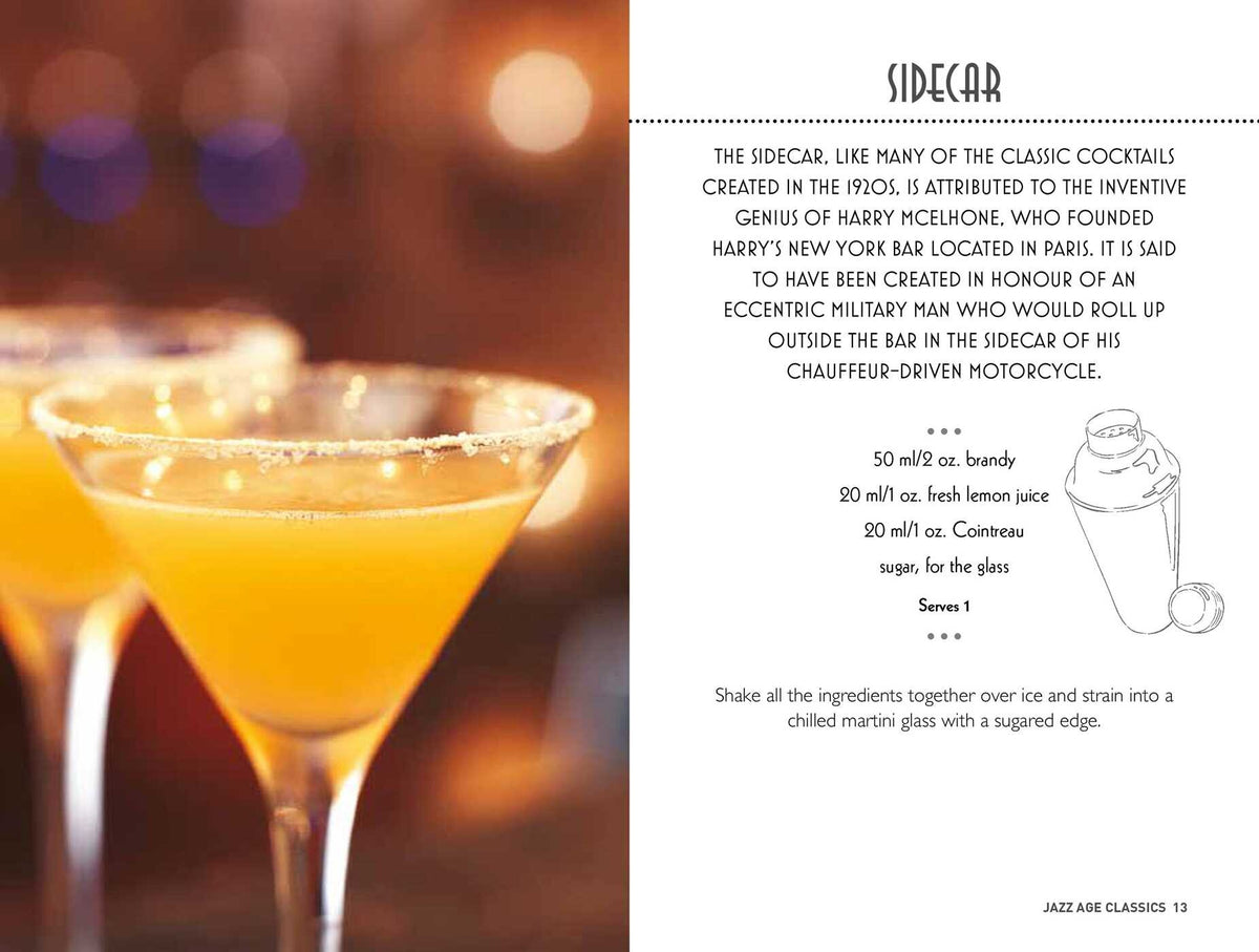 Three martini glasses filled with an orange cocktail are featured in the foreground, accompanied by a recipe for a Sidecar—a classic 1920s cocktail—alongside a cocktail shaker illustration, all showcased as part of “Gatsby Cocktails” by Simon & Schuster.