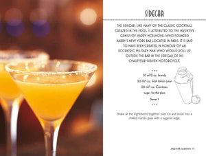 Three martini glasses filled with an orange cocktail are featured in the foreground, accompanied by a recipe for a Sidecar—a classic 1920s cocktail—alongside a cocktail shaker illustration, all showcased as part of “Gatsby Cocktails” by Simon & Schuster.