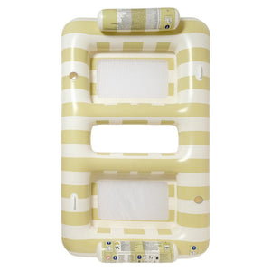 The Luxe Twin Hammock Float Casa Sand Stripe by Sunnylife features beige and white stripes, two mesh seat openings, safety instructions on the sides, and adds a signature Aussie summer vibe to your pool days.
