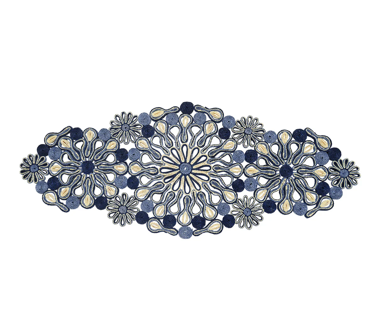 The Kim Seybert Marisol Runner, Blue/Natural, features intricate oval-shaped embroidery with blue, white, and beige floral and circular motifs for artisanal table decor.
