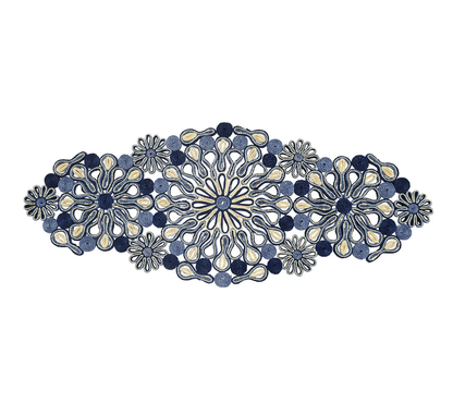 The Kim Seybert Marisol Runner, Blue/Natural, features intricate oval-shaped embroidery with blue, white, and beige floral and circular motifs for artisanal table decor.