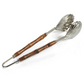 The Colony Bamboo and Nickel Serving Sets by Zodax feature stainless steel pasta tongs with bamboo handles and slotted, rounded ends for secure noodle gripping.