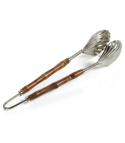 The Colony Bamboo and Nickel Serving Sets by Zodax feature stainless steel pasta tongs with bamboo handles and slotted, rounded ends for secure noodle gripping.