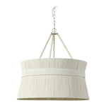 The Cassidy Chandelier by PALECEK features a beige, drum-shaped textured fabric shade with abaca rope accents, suspended by three rods and a chain. Professional installation recommended.