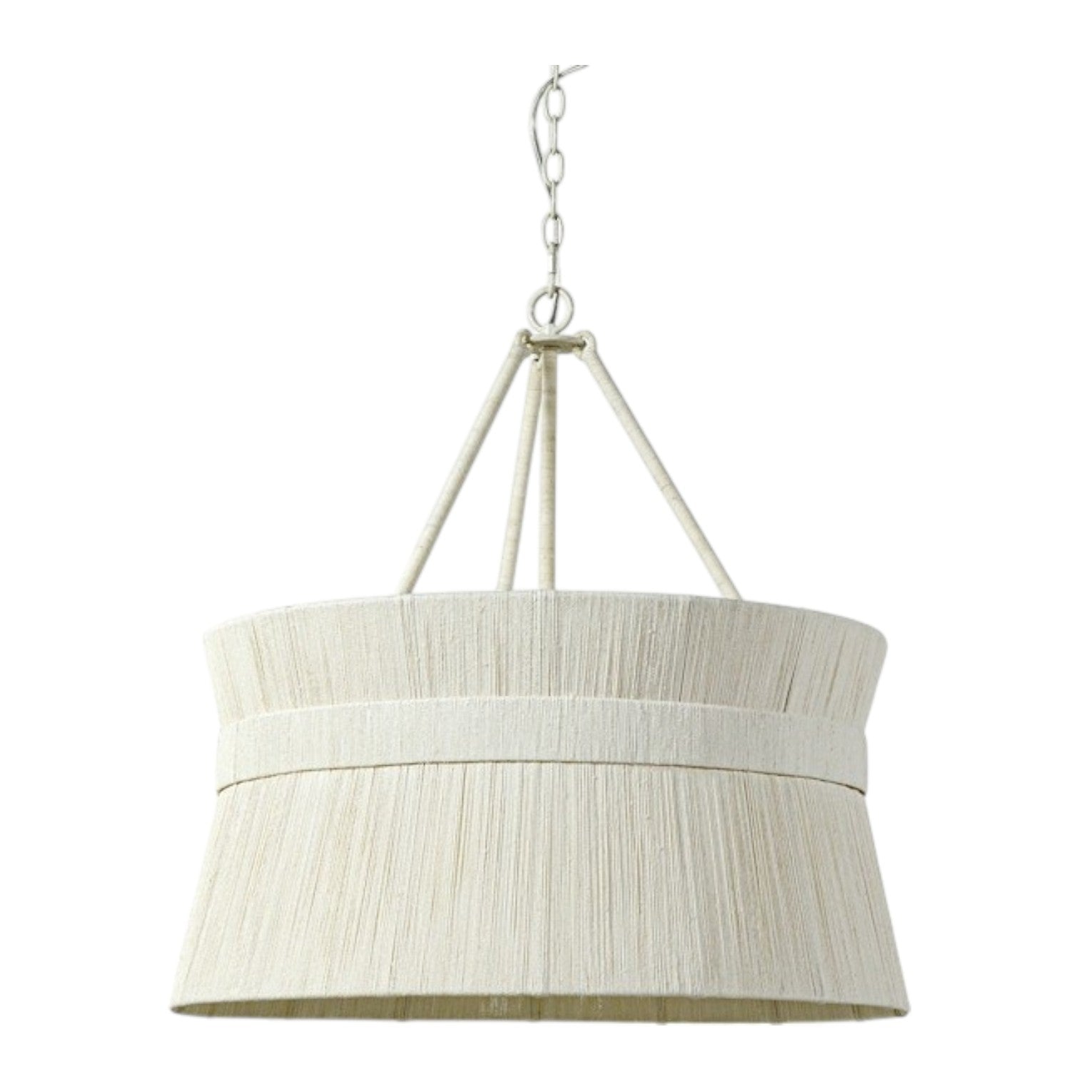 The Cassidy Chandelier by PALECEK features a beige, drum-shaped textured fabric shade with abaca rope accents, suspended by three rods and a chain. Professional installation recommended.