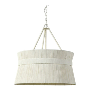 The Cassidy Chandelier by PALECEK features a beige, drum-shaped textured fabric shade with abaca rope accents, suspended by three rods and a chain. Professional installation recommended.