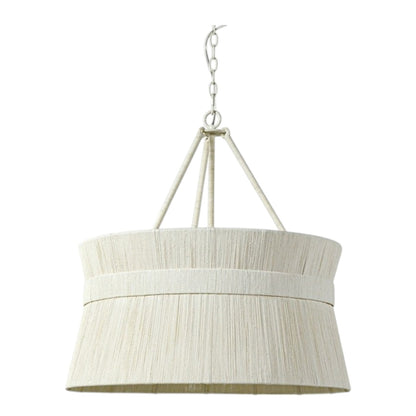 The Cassidy Chandelier by PALECEK features a beige, drum-shaped textured fabric shade with abaca rope accents, suspended by three rods and a chain. Professional installation recommended.