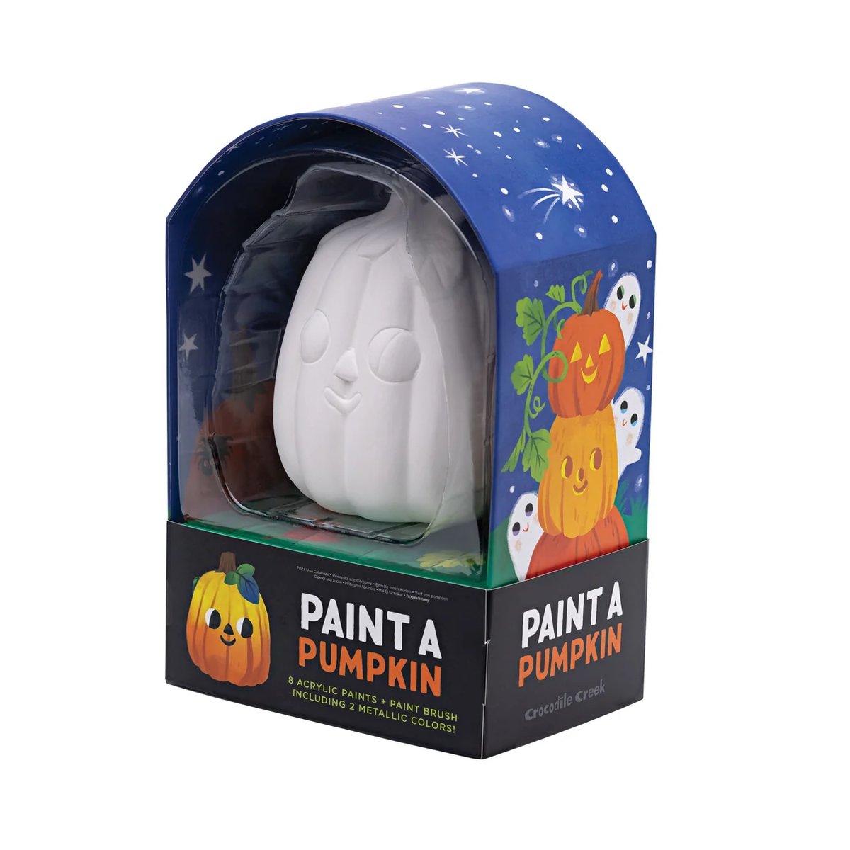 Sure! Here’s your rewritten sentence using the provided product data: The Hive Paint a Ceramic Pumpkin Event kit features a white ceramic pumpkin packaged in Halloween-themed packaging adorned with playful ghosts and pumpkins, making it an ideal Kids Halloween activity. Perfect for a Ceramic Pumpkin Painting Class in West Palm Beach, the set includes paints and a brush, all inside a box labeled “Paint a Pumpkin.”.