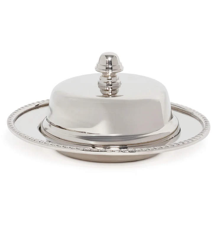 The Zodax Parisian Butter Dish features a nickel-finished silver cover with a round lid and decorative edge, presented on a matching tray.