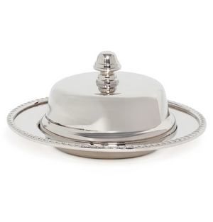 The Zodax Parisian Butter Dish features a nickel-finished silver cover with a round lid and decorative edge, presented on a matching tray.