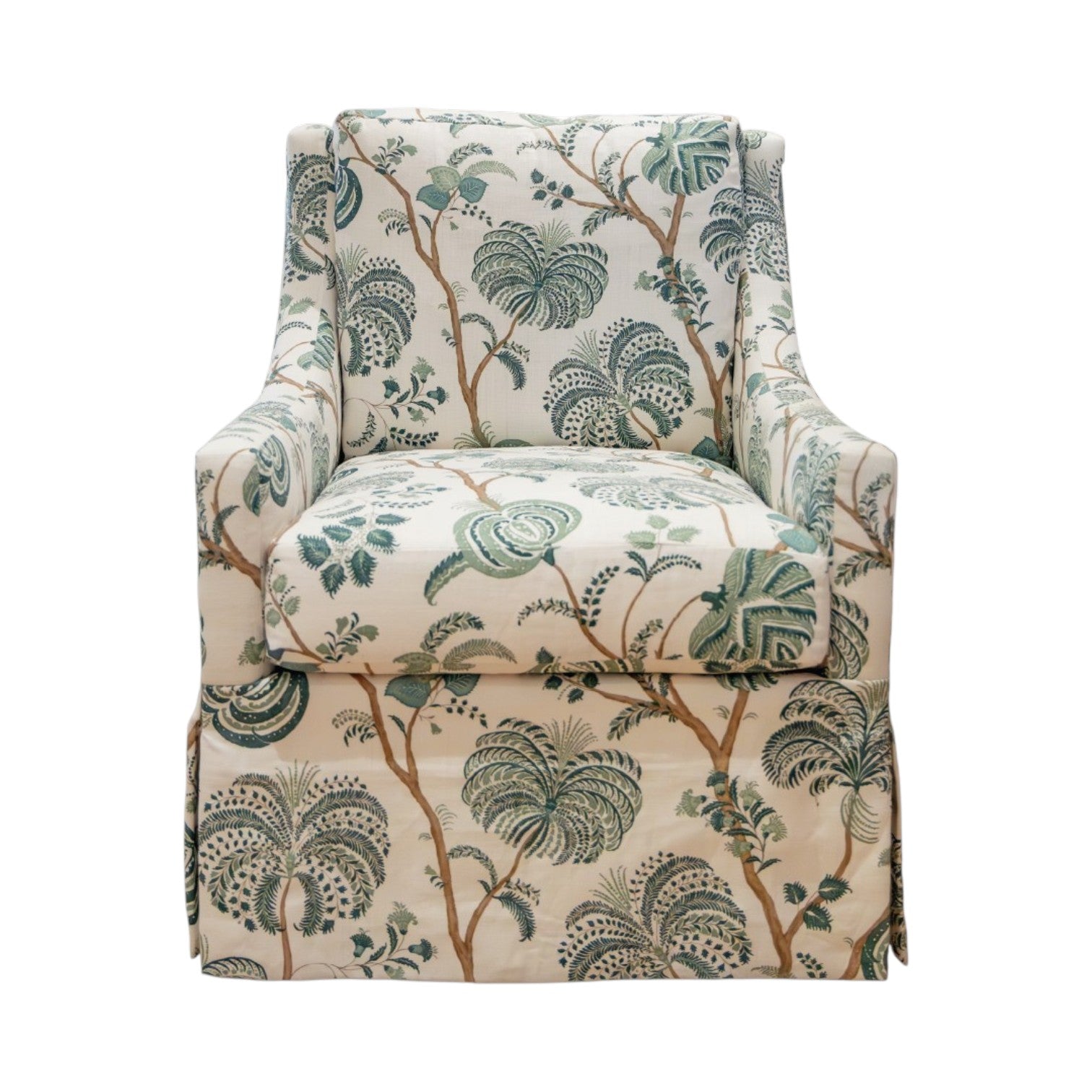 The Chatham Swivel Chair by Hickory Chair is upholstered in a cream fabric with a green and brown botanical print featuring trees and leaves, styled in the classic English club chair shape, and shown from the front against a white background.