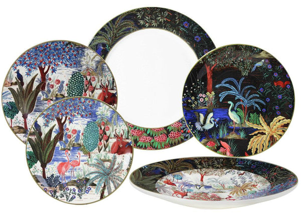 A stunning collection, the Gien France Jardins Du Palais Collection offers a set of five ceramic plates adorned with vibrant, intricate jungle and wildlife designs, featuring various animals and exotic plant life in vivid colors.