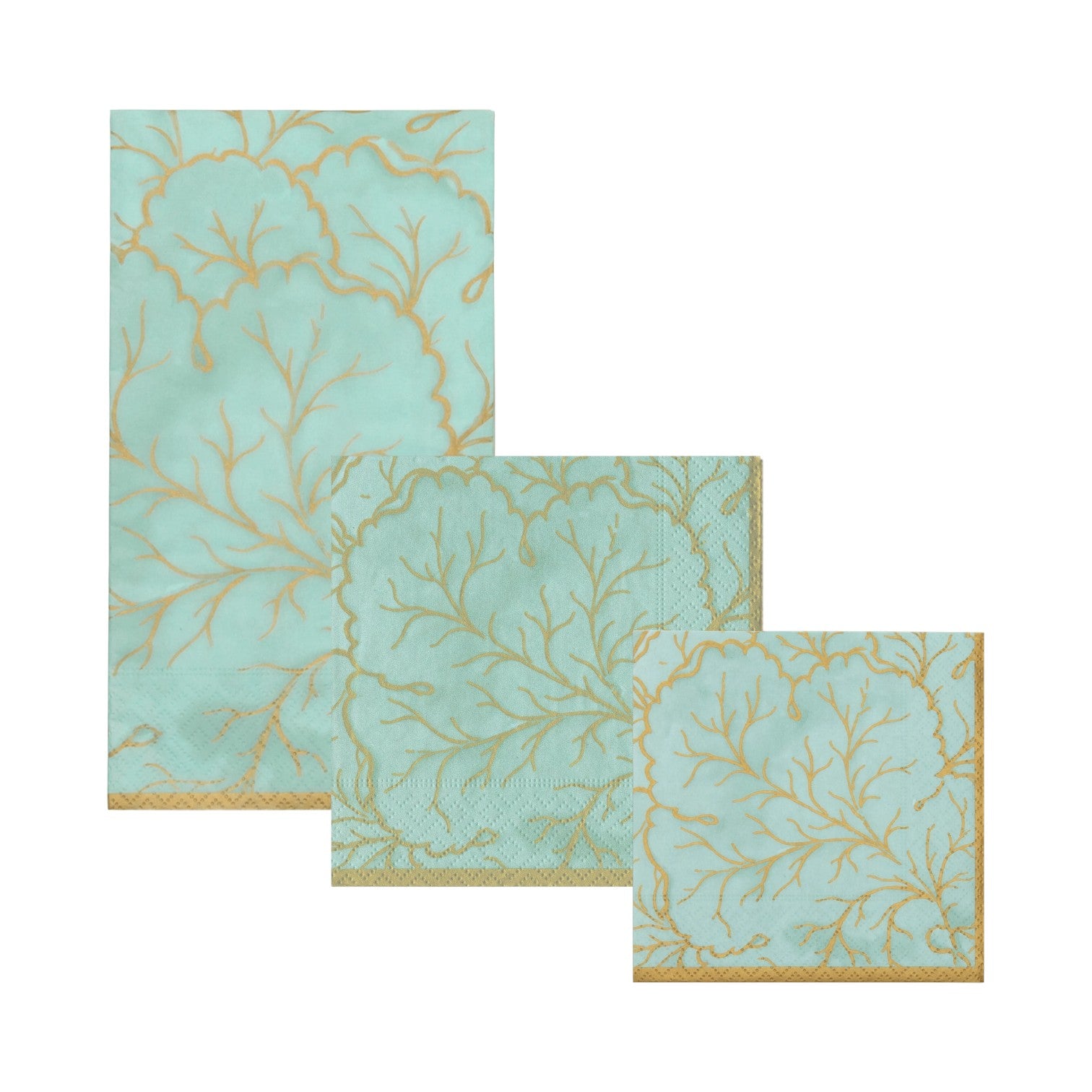 Three Caspari Gilded Majolica Saltwater Collection napkins, featuring an aqua and gold coral branch design, are displayed in large, medium, and small sizes—ideal for matching with your favorite elegant disposable plates.
