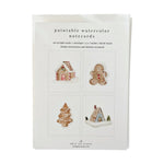 Emily Lex Studio Watercolor Paintable Notecards Set containing eight blank cards featuring illustrations of a gingerbread house, a gingerbread man, a Christmas tree, and a small cottage.