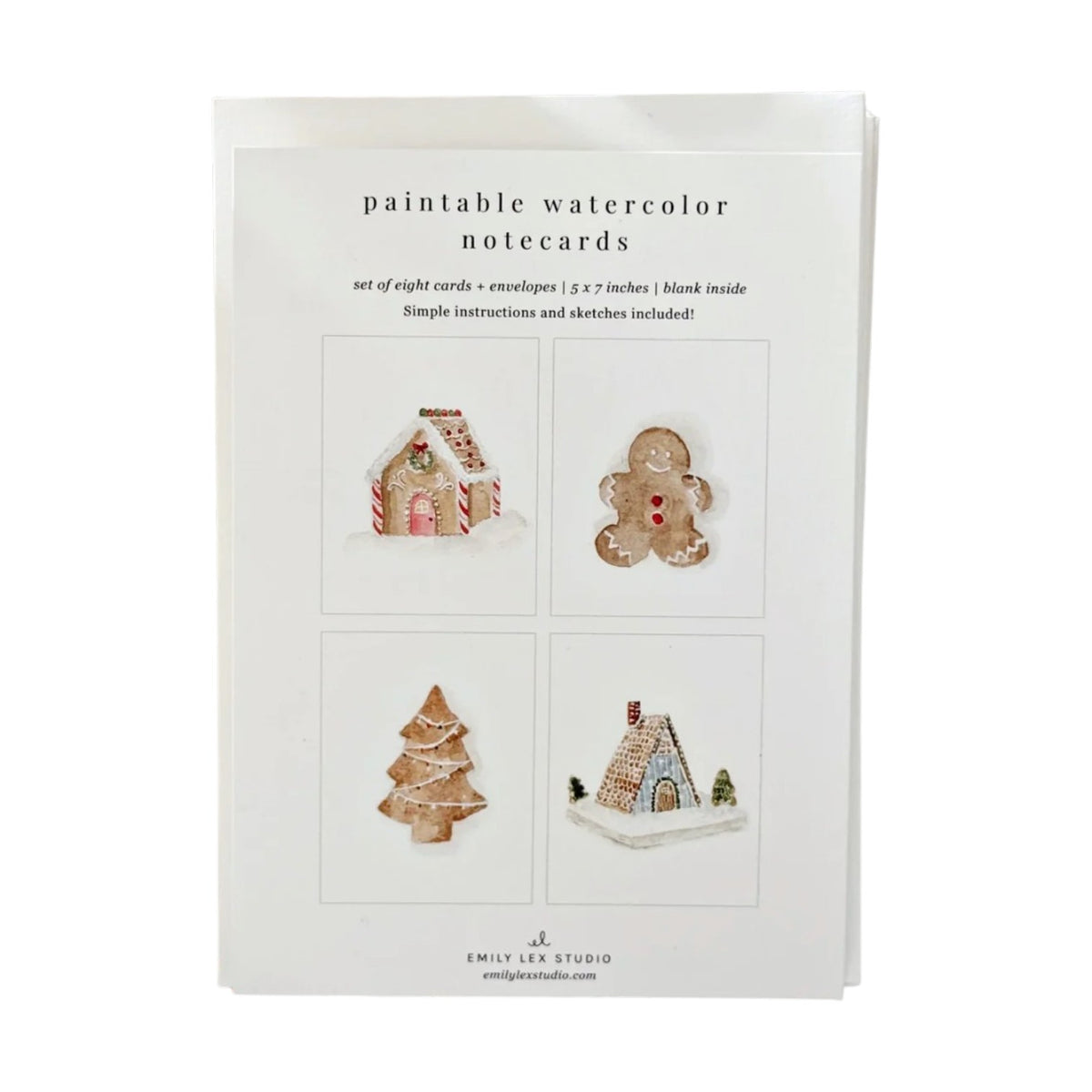 Emily Lex Studio Watercolor Paintable Notecards Set containing eight blank cards featuring illustrations of a gingerbread house, a gingerbread man, a Christmas tree, and a small cottage.