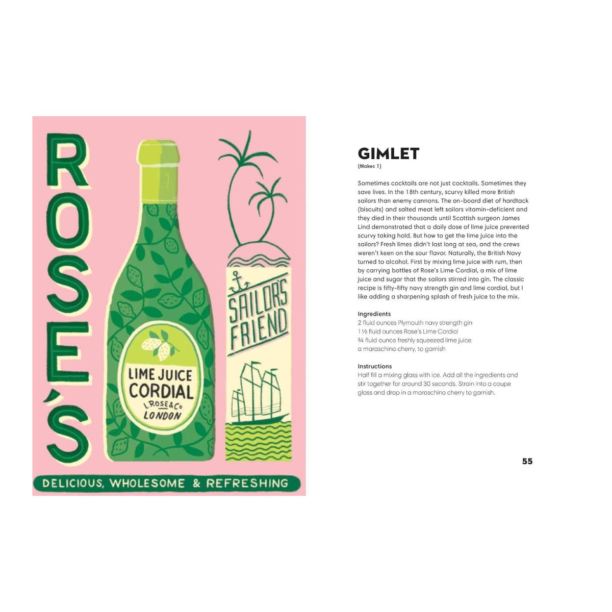 Illustration of a Gin Made Me Do It bottle alongside a Sailor’s Friend glass and recipe text for a gimlet cocktail on a pink background, offering a delightful nod to any gin lover’s cocktail guide by Simon & Schuster.