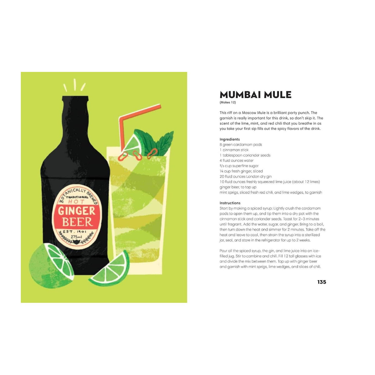 Illustration inspired by *Gin Made Me Do It* from Simon & Schuster: a ginger beer bottle and a cocktail glass featuring lime, ice, and mint in a classic martini style, accompanied by a printed Mumbai Mule recipe—all set against a white background, making it ideal for any cocktail guidebook.