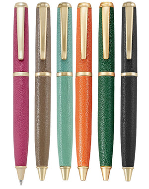 The Graphic Image Leather Wrapped Pen Collection features six ballpoint pens with gold accents and textured grips in pink, brown, teal, orange, green, and black—an ideal gift for anyone who loves a sleek leather-wrapped pen.