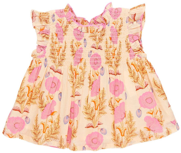 Toddler's Pink Chicken Girls' Stevie Top with gilded poppys smocked detailing on a white background.