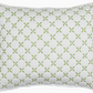 The Layla Bedding Collection by John Robshaw features a white rectangular pillow adorned with a green geometric pattern of interlocking circles and delicate leaf-like shapes inspired by Mughal gardens, bordered with crisp white piping—a perfect complement to your bedding or cotton voile quilt.