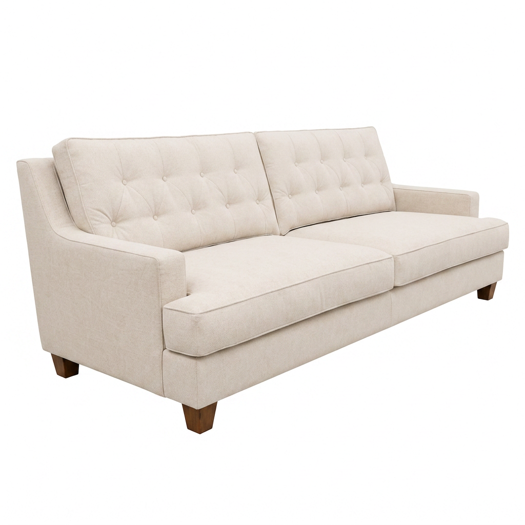 The Annabelle Sofa by Hickory Chair is a beige, three-seater luxury piece featuring tufted back cushions, square armrests, and wooden legs, showcased against a plain white background.