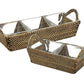 From Calaisio’s Sectional Server Collection, two handwoven baskets function as sectional trays, each holding three clear triangular glass bowls arranged side by side on a plain background.