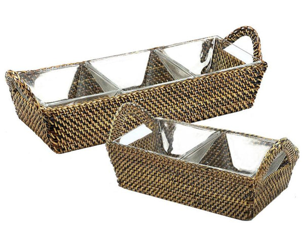 The Calaisio Sectional Server Collection by Calaisio includes two handwoven wicker baskets with elegant Italian glass inserts. The larger basket features a handle and three sections, while the smaller one offers two separate compartments, all made from high-quality woven material.