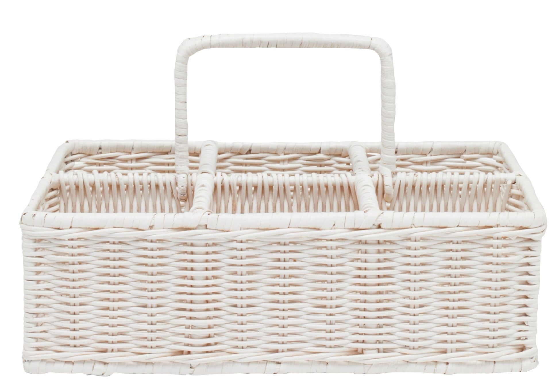 A rectangular Blue Pheasant Micaela White Rattan Collection wicker basket with a handle.